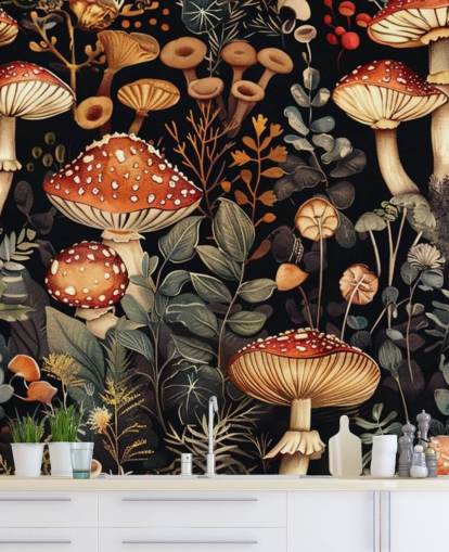 mural de papel de parede de cogumelos personalizados escuros chamado Vintage Mushrooms 
