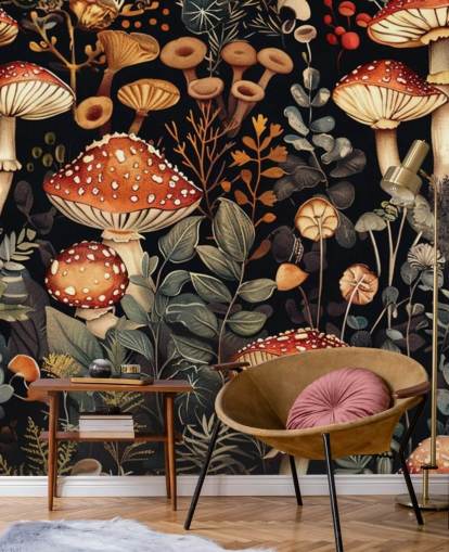carta da parati murale personalizzata con funghi scuri chiamata Vintage Mushrooms 