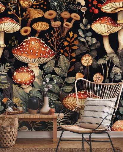 dark custom mushroom wallpaper mural called Vintage Mushrooms 