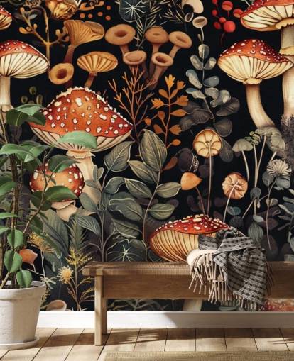 dark custom mushroom wallpaper mural called Vintage Mushrooms 