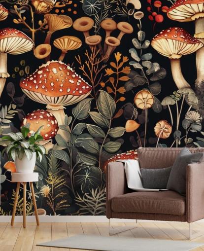 dark custom mushroom wallpaper mural called Vintage Mushrooms 