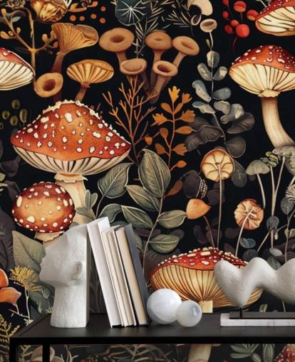 dark custom mushroom wallpaper mural called Vintage Mushrooms 
