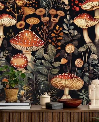 dark custom mushroom wallpaper mural called Vintage Mushrooms 