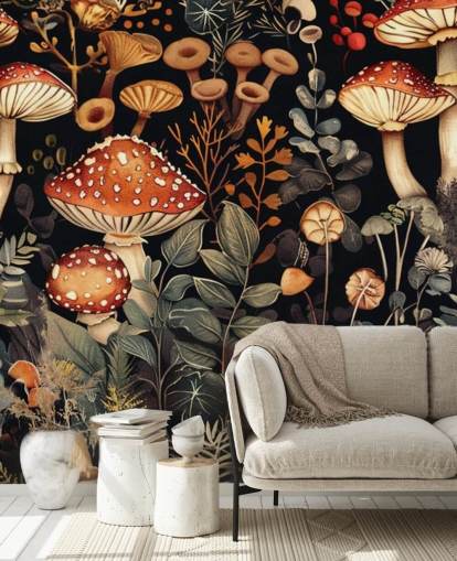 mural oscuro de papel pintado de hongos personalizado llamado Vintage Mushrooms 