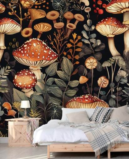 tumma mukautettu sienitaustakuva seinämaalaus nimeltä Vintage Mushrooms tumma mukautettu sienitaustakuva seinämaalaus nimeltä Vintage Mushrooms