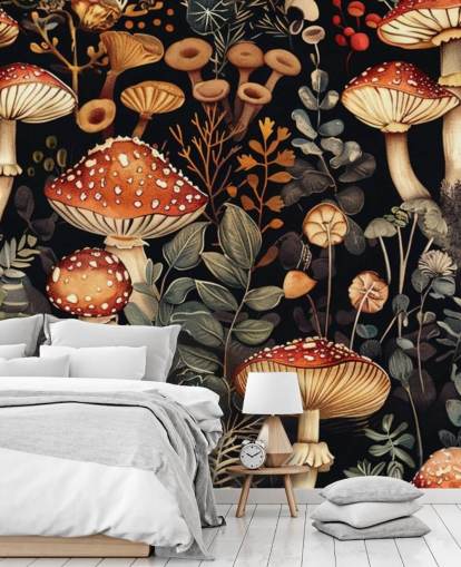 dark custom mushroom wallpaper mural called Vintage Mushrooms 