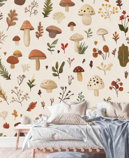 mural de papel pintado de hongos personalizado marrón, blanco y verde llamado Autumnal Mushroom Medley