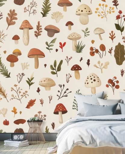 mural de papel pintado de hongos personalizado marrón, blanco y verde llamado Autumnal Mushroom Medley