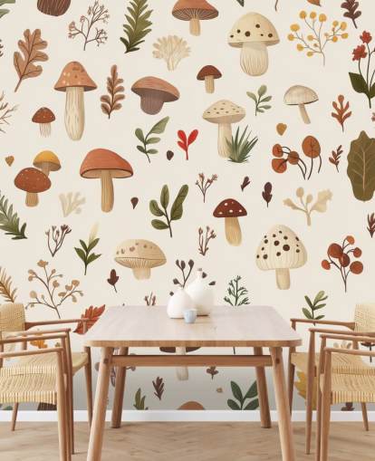 mural de papel pintado de hongos personalizado marrón, blanco y verde llamado Autumnal Mushroom Medley