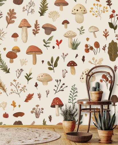 bruine, witte en groene op maat gemaakte paddenstoelbehangmuurschildering genaamd Autumnal Mushroom Medley