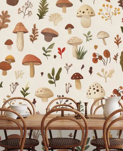 mural de papel pintado de hongos personalizado marrón, blanco y verde llamado Autumnal Mushroom Medley