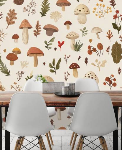 mural de papel pintado de hongos personalizado marrón, blanco y verde llamado Autumnal Mushroom Medley
