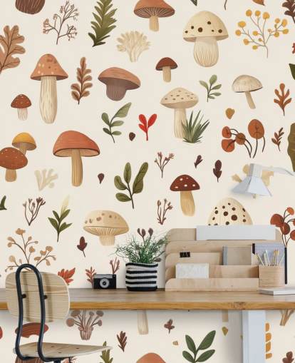 brown, white and green custom mushroom wallpaper mural called Autumnal Mushroom Medley