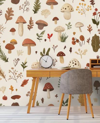 brown, white and green custom mushroom wallpaper mural called Autumnal Mushroom Medley