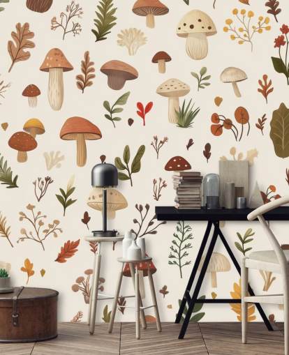 brown, white and green custom mushroom wallpaper mural called Autumnal Mushroom Medley