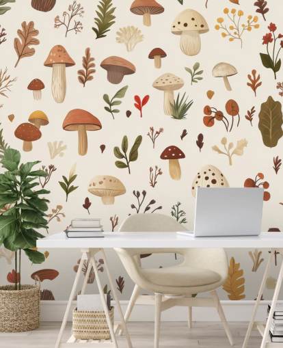 brown, white and green custom mushroom wallpaper mural called Autumnal Mushroom Medley