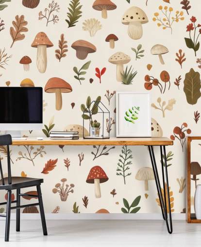 mural de papel pintado de hongos personalizado marrón, blanco y verde llamado Autumnal Mushroom Medley mural de papel pintado de hongos personalizado marrón, blanco y verde llamado Autumnal Mushroom Medley