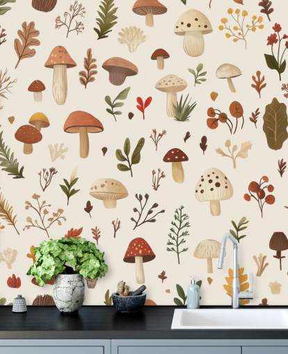 brown, white and green custom mushroom wallpaper mural called Autumnal Mushroom Medley