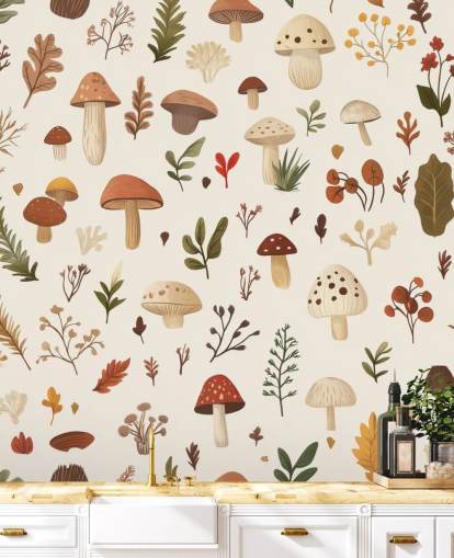 brown, white and green custom mushroom wallpaper mural called Autumnal Mushroom Medley