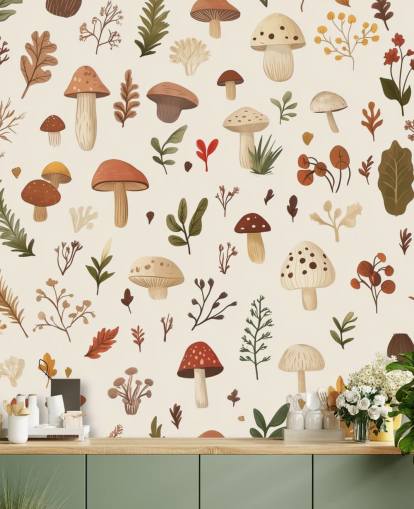 brown, white and green custom mushroom wallpaper mural called Autumnal Mushroom Medley