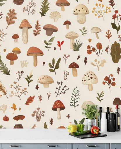 braune, weiße und grüne individuelle Pilz-Wandtapete namens Autumnal Mushroom Medley