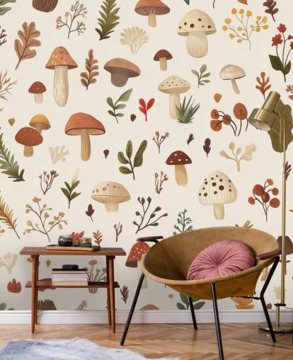 brown, white and green custom mushroom wallpaper mural called Autumnal Mushroom Medley