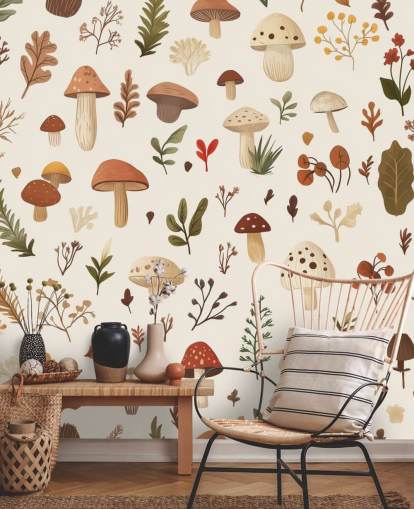 mural de papel pintado de hongos personalizado marrón, blanco y verde llamado Autumnal Mushroom Medley
