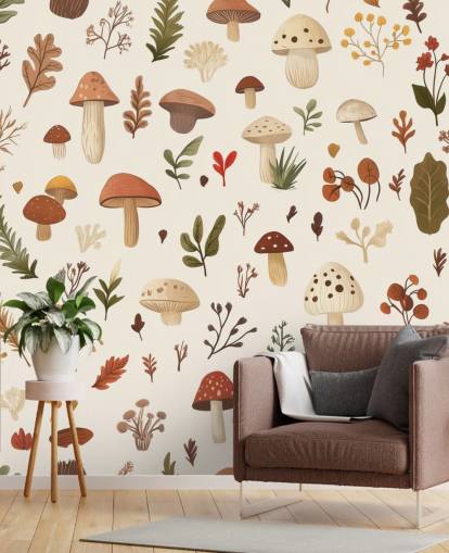 brown, white and green custom mushroom wallpaper mural called Autumnal Mushroom Medley