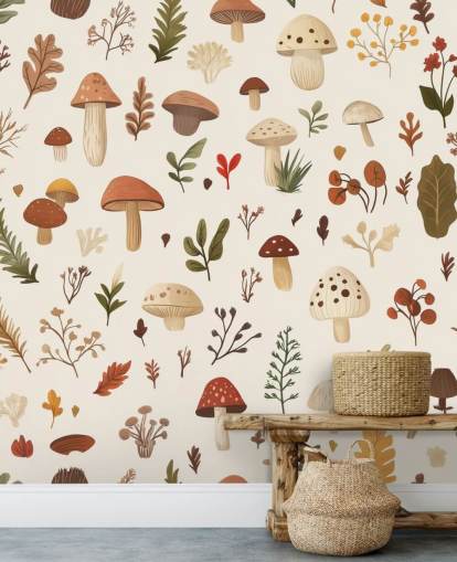 mural de papel pintado de hongos personalizado marrón, blanco y verde llamado Autumnal Mushroom Medley