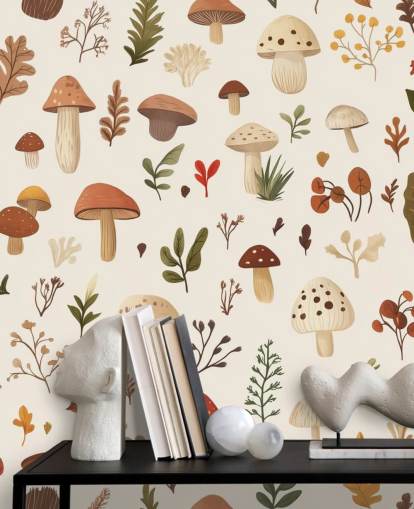 brown, white and green custom mushroom wallpaper mural called Autumnal Mushroom Medley