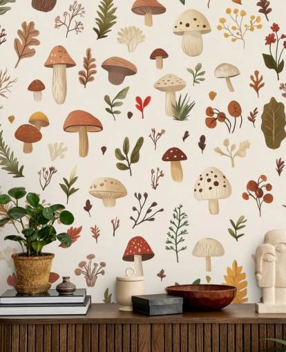 brown, white and green custom mushroom wallpaper mural called Autumnal Mushroom Medley