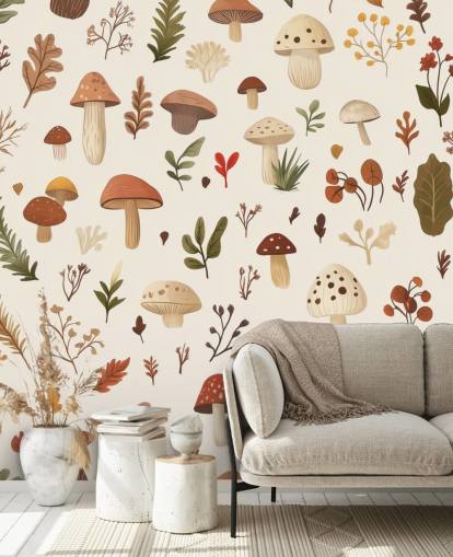 murale di carta da parati personalizzato con funghi marroni, bianchi e verdi chiamato Autumnal Mushroom Medley murale di carta da parati personalizzato con funghi marroni, bianchi e verdi chiamato Autumnal Mushroom Medley