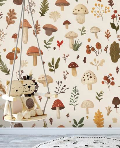 mural de papel de parede de cogumelos personalizado marrom, branco e verde chamado Autumnal Mushroom Medley