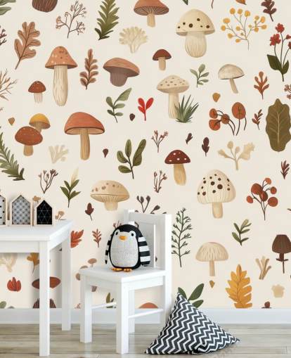 bruine, witte en groene op maat gemaakte paddenstoelbehangmuurschildering genaamd Autumnal Mushroom Medley