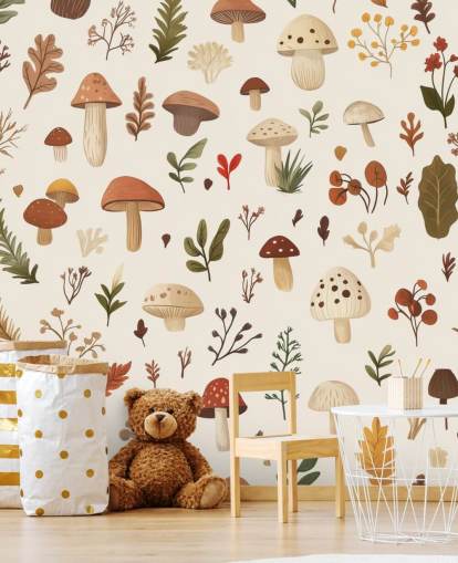 murale di carta da parati personalizzato con funghi marroni, bianchi e verdi chiamato Autumnal Mushroom Medley