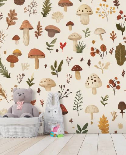 braune, weiße und grüne individuelle Pilz-Wandtapete namens Autumnal Mushroom Medley