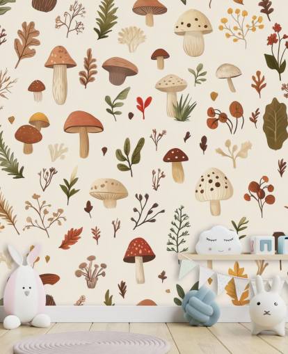 mural de papel pintado de hongos personalizado marrón, blanco y verde llamado Autumnal Mushroom Medley