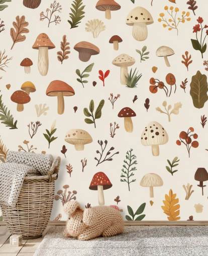 brun, vit och grön anpassad svamp tapetväggmålning kallad Autumnal Mushroom Medley