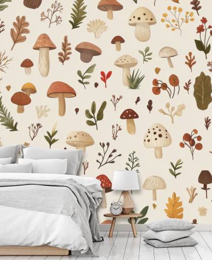 bruine, witte en groene op maat gemaakte paddenstoelbehangmuurschildering genaamd Autumnal Mushroom Medley