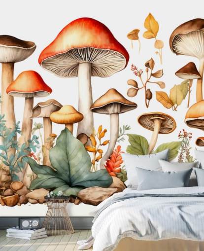 colorful custom mushroom wall mural called Watercolor Mushrooms 