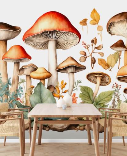colorful custom mushroom wall mural called Watercolor Mushrooms 