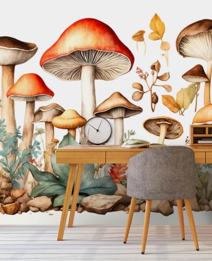 colorful custom mushroom wall mural called Watercolor Mushrooms 