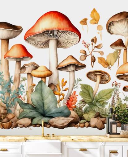 colorful custom mushroom wall mural called Watercolor Mushrooms 