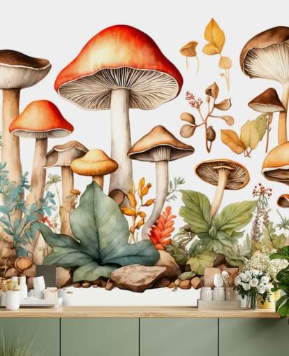 colorful custom mushroom wall mural called Watercolor Mushrooms 