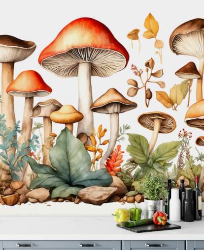 colorful custom mushroom wall mural called Watercolor Mushrooms 