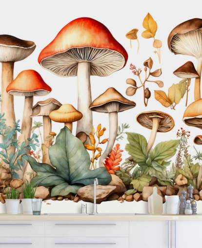 colorful custom mushroom wall mural called Watercolor Mushrooms 