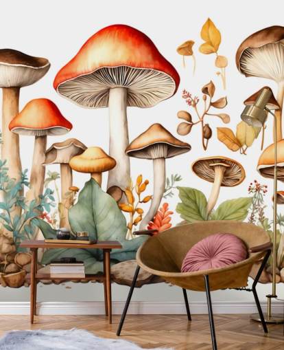 colorful custom mushroom wall mural called Watercolor Mushrooms 