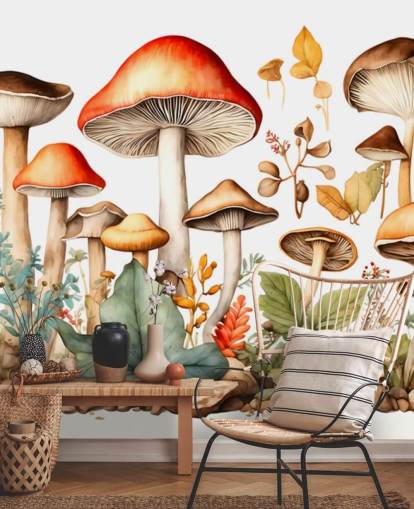 colorful custom mushroom wall mural called Watercolor Mushrooms 