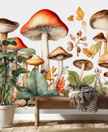 colorful custom mushroom wall mural called Watercolor Mushrooms 