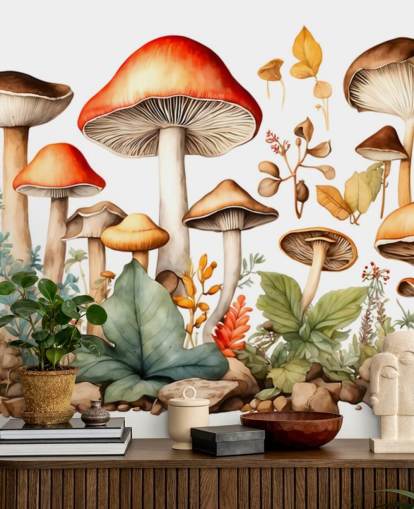 colorful custom mushroom wall mural called Watercolor Mushrooms 